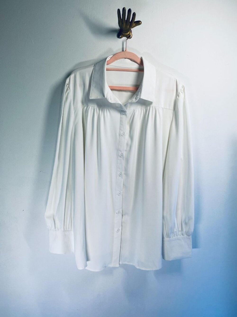 White Button-Up Blouse With Pleated Details & Cuffed Sleeves 2XL 100% Polyester